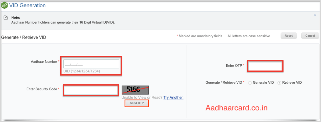 Generate Retrieve VID options in UIDAI