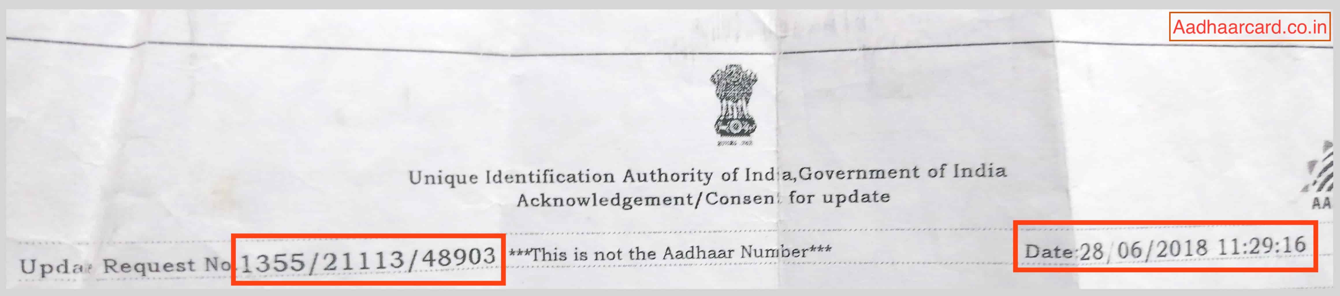 Aadhaar Enrollment Number and Date Time in Acknowledgement Slip