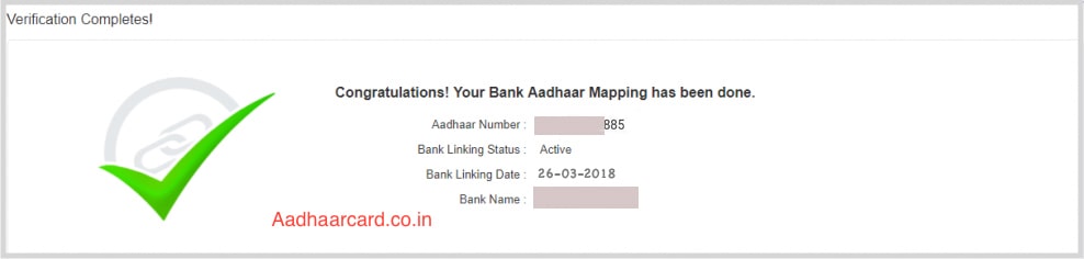 Aadhaar Linking Status with Bank Account is Active