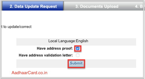 Change Address with Address Proof in Aadhaar SSUP