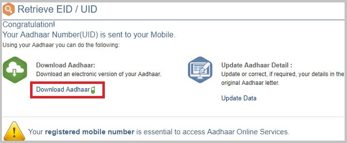Download Lost Aadhaar Card from UIDAI