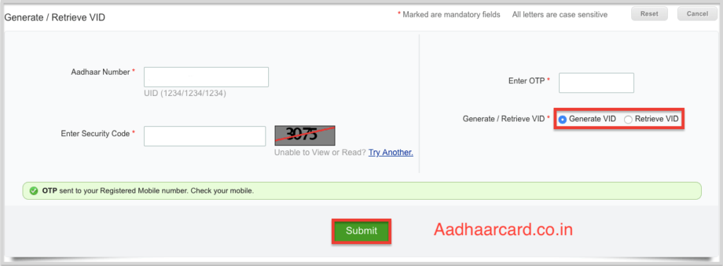 Enter OTP and Generate VID in Aadhaar Card