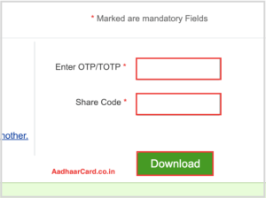 Enter OTP and Share Code for Aadhaar Paperless e kyc