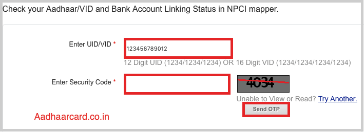 Enter UID and Security code for Checking link status with Bank