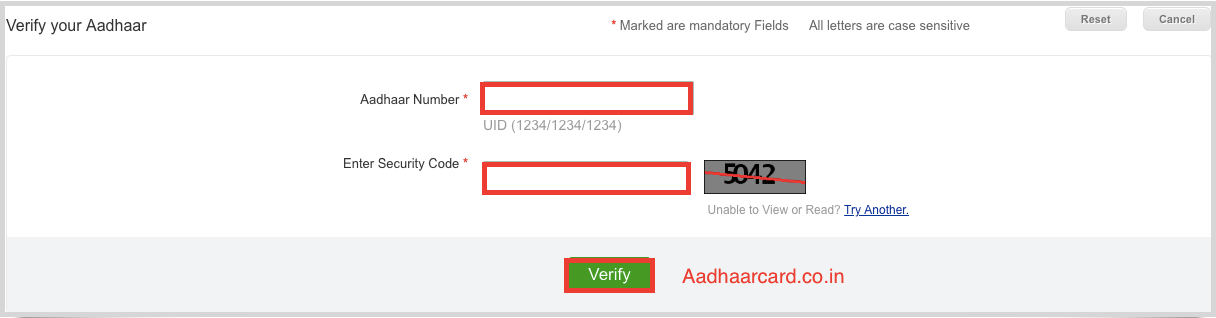 Enter your Aadhaar Number for Verification of Aadhaar number