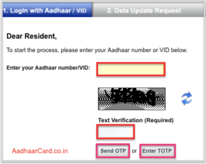Enter your Aadhaar Number or VID for Changing your Address Online
