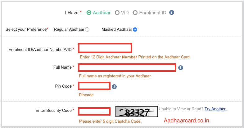 Write your Information for Download Aadhaar Card