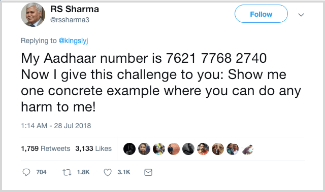 RS Sharma Gave his Aadhaar Number on twitter