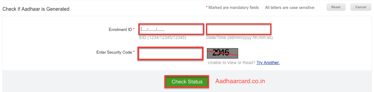 Aadhaar Card Status Inputs in UIDAI