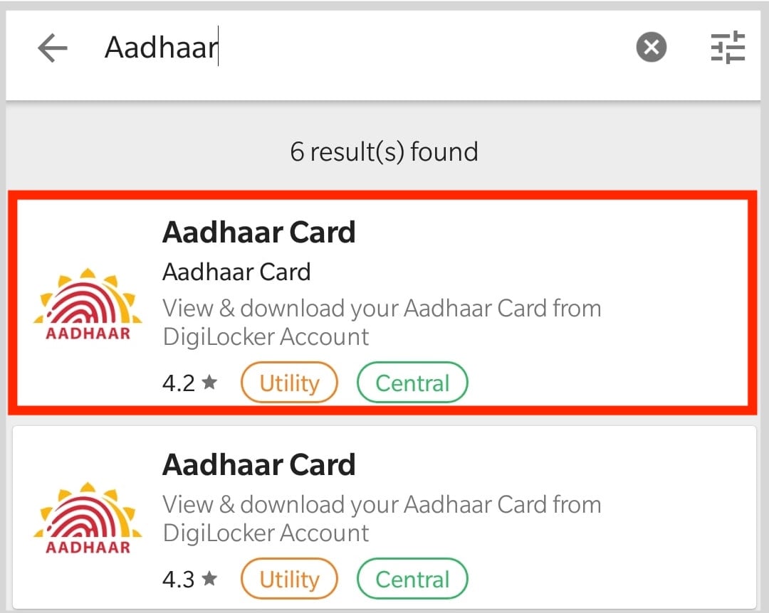 Search Aadhaar In Umang for Download it