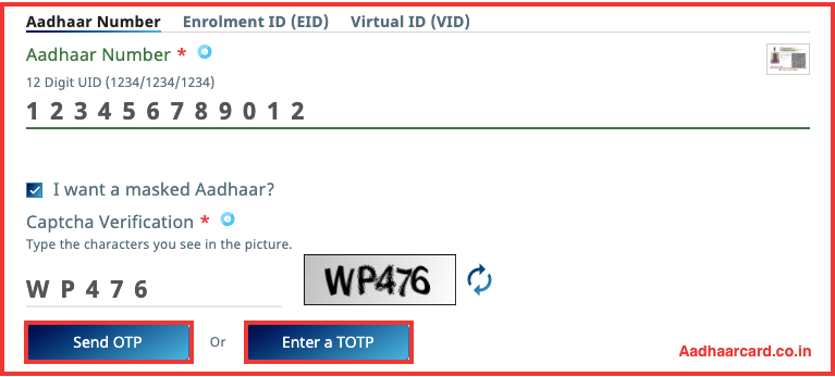 Clicking on Send OTP or Enter a TOTP to donwload aadhaar card